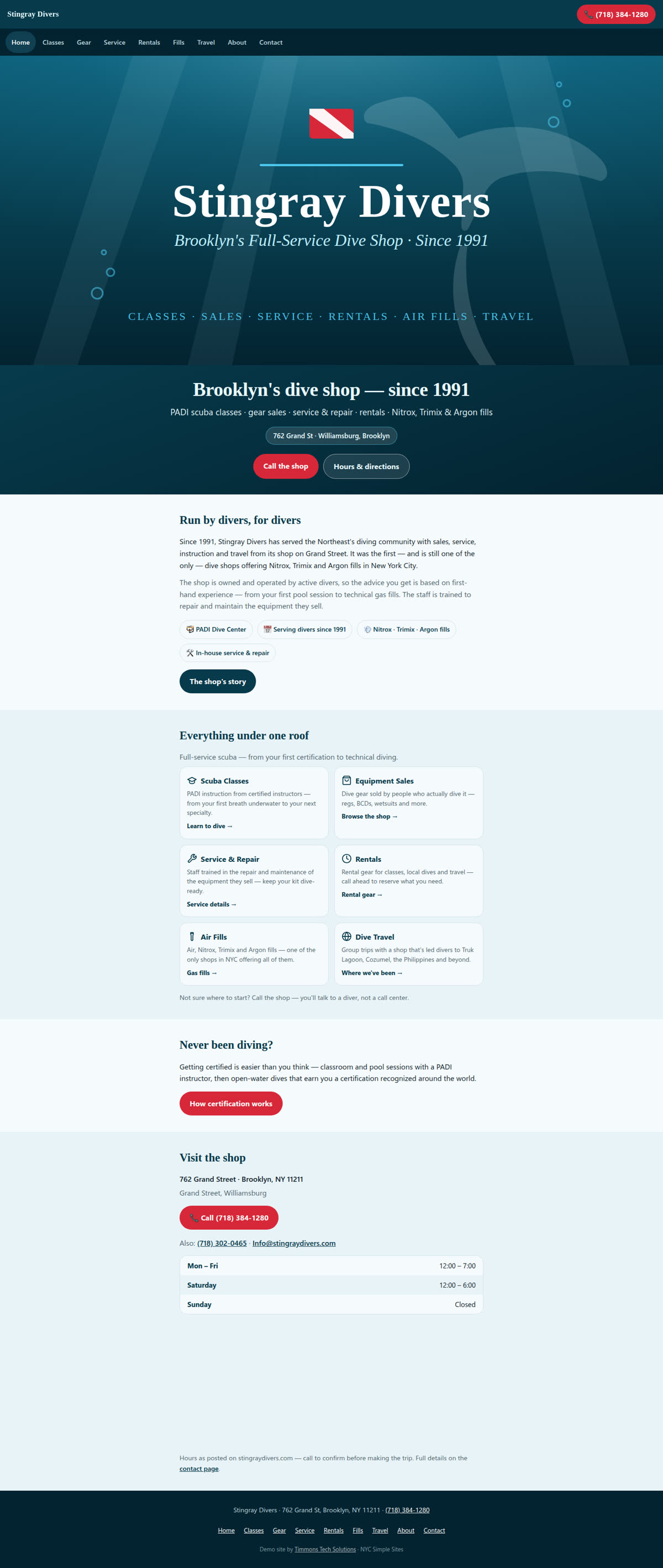 Screenshot of the full shop version of the Stingray Divers website