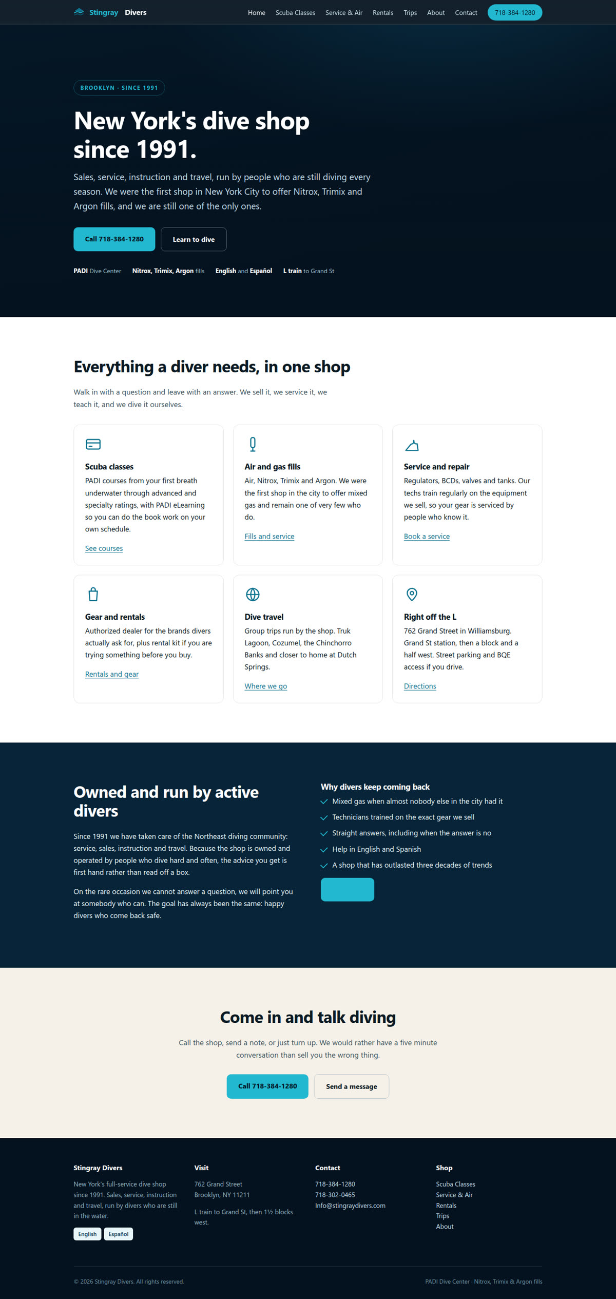 Screenshot of the search-first version of the Stingray Divers website